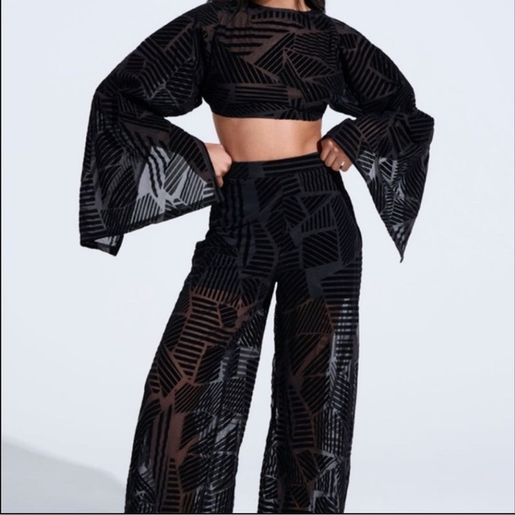 AKIRA Georgous Black Sheer Velvet Burnout Patterned Pant and Crop Top Set - Picture 7 of 7